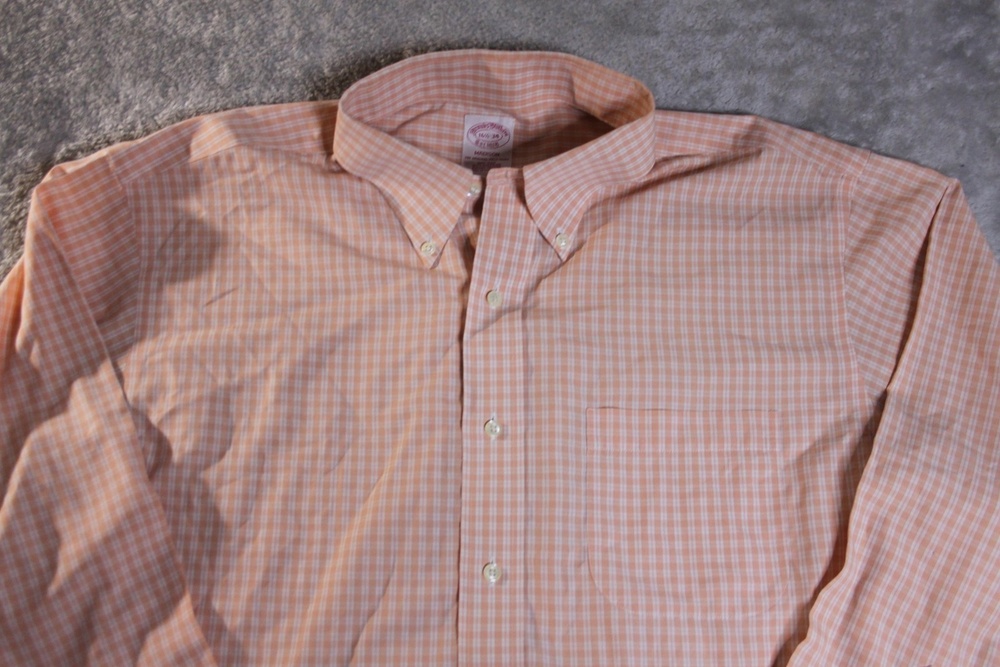 Brooks Brothers Shirt Mens 16.5 34/35 Orange Gingham Button Down Long Sleeve